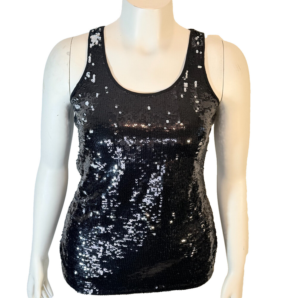 Express Sequined Tank Women's S Sleeveless Black Dressy Top Small Scoop Neck